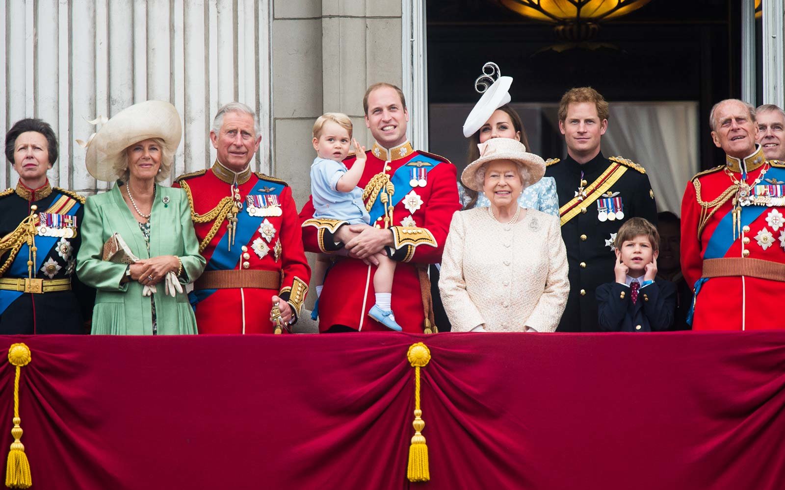LONDON, ENGLAND - JUNE 13: (L-R) Princess Anne, Princess Royal, Camilla, Duchess of Cornwall, Prince Charles, Prince of Wales, Prince George of Cambridge, Prince William, Duke of Cambridge Catherine, Duchess of Cambridge, Queen Elizabeth II, Prince Harry, Prince Philip, Duke of Edinburgh and Prince Andew, Duke of York look on from the balcony during the annual Trooping The Colour ceremony at Horse Guards Parade on June 13, 2015 in London, England.
